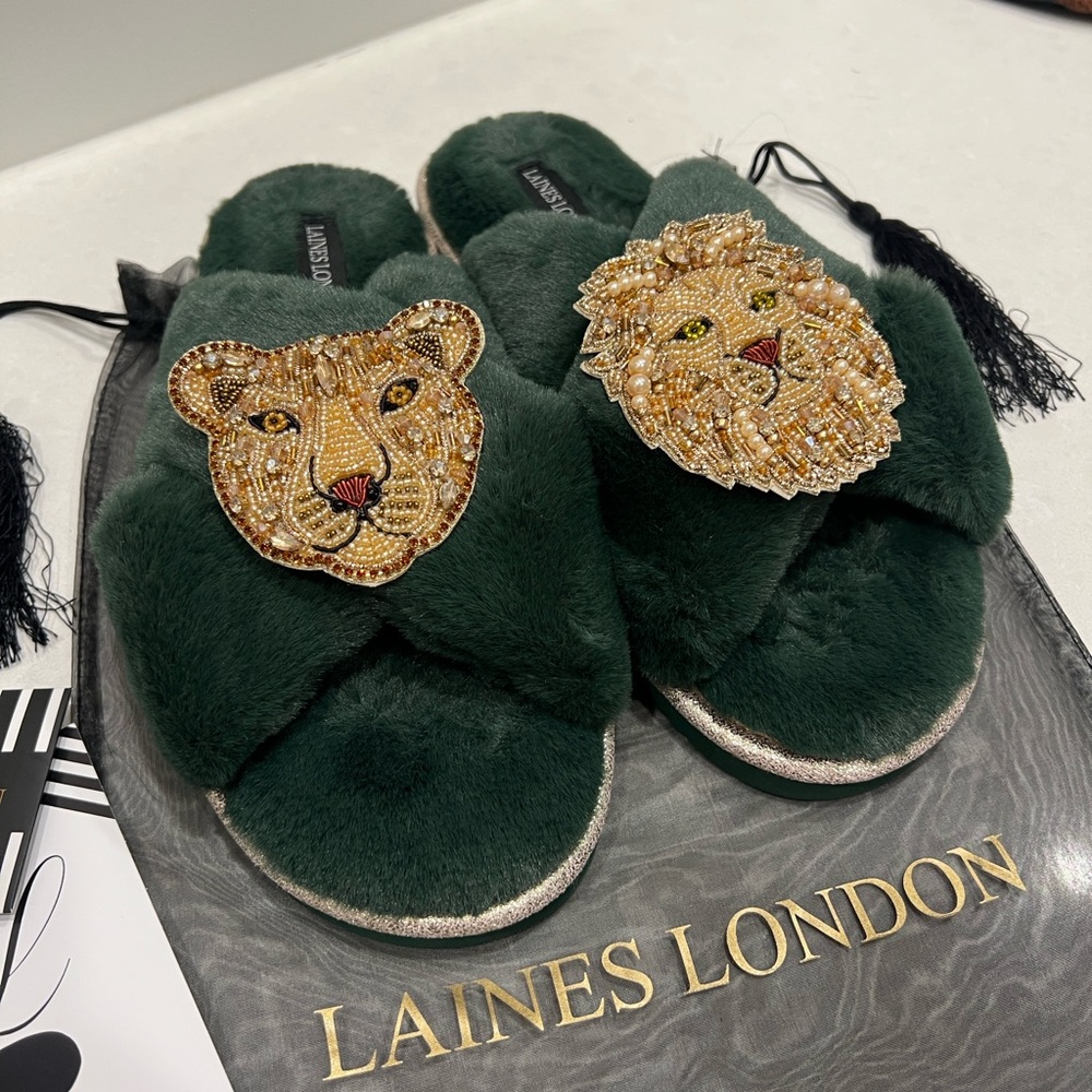 Laines London Green Fur Slippers with Lion Embellishments